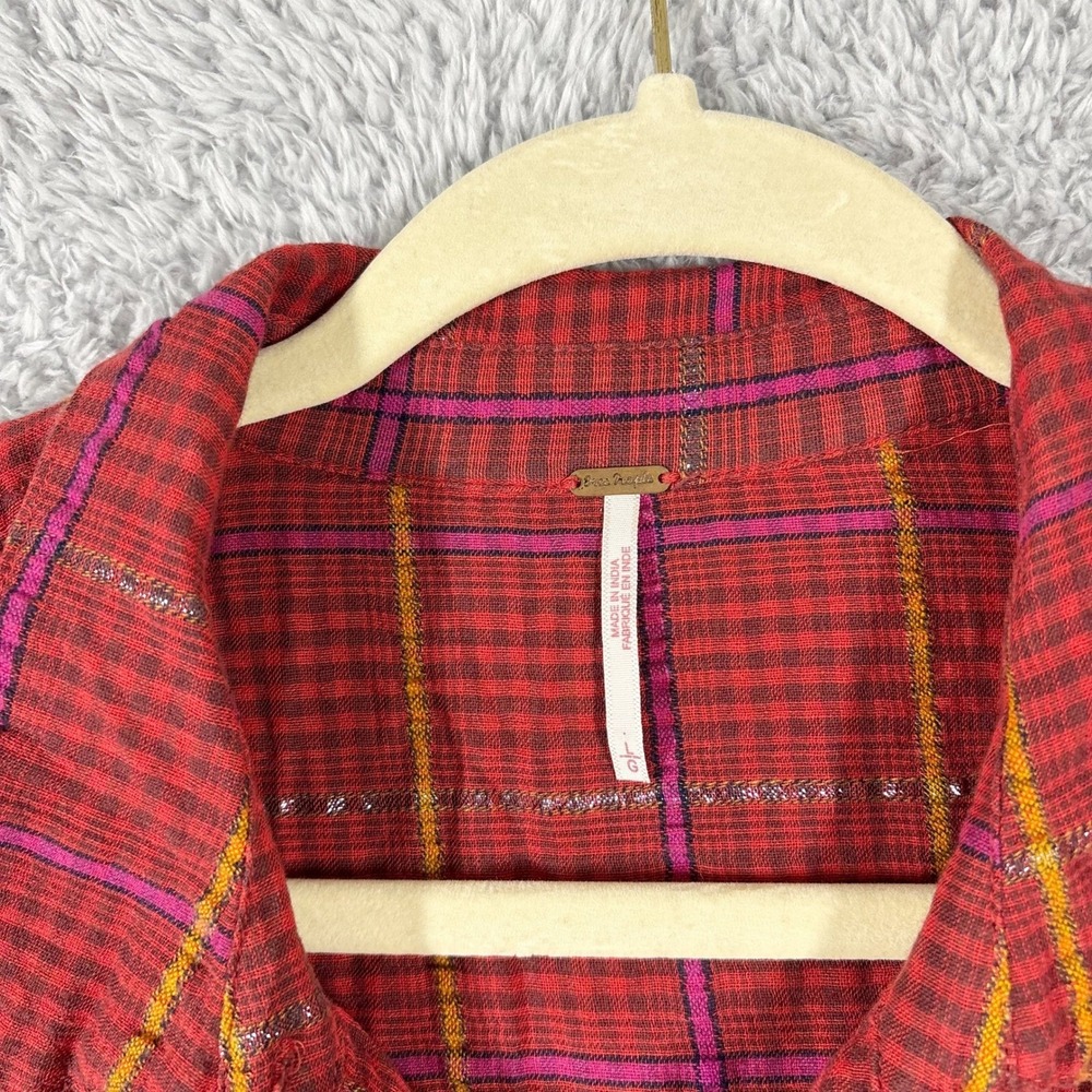 Free People Break My Stride Button Down Top Size L Red Plaid Metallic Stripe - Picture 5 of 8